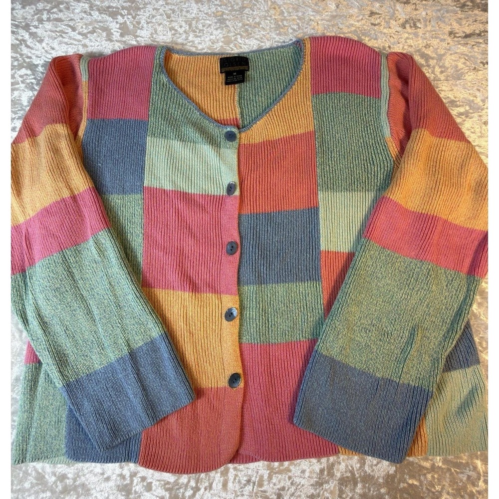 Vintage Sigrid Olsen Sport Cardigan Sweater M Colorblock Cotton Rayon Knit